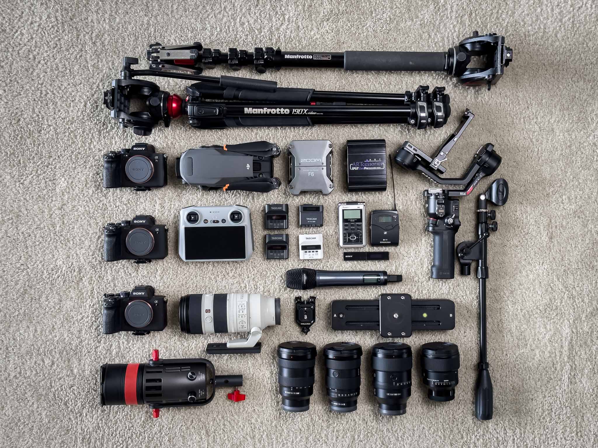 A flat lay of some of my favorite wedding video equipment used in the 2024 season.